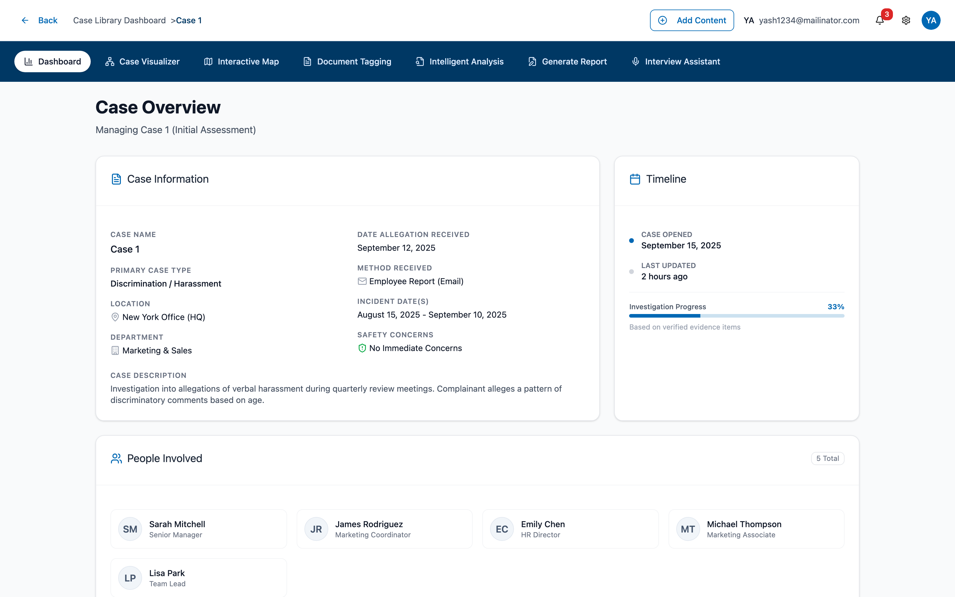 Case overview with information, timeline, and people on one screen
